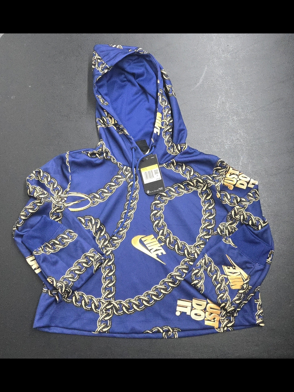 Nike Blue Crop Top Hoodie with Gold Chain Print